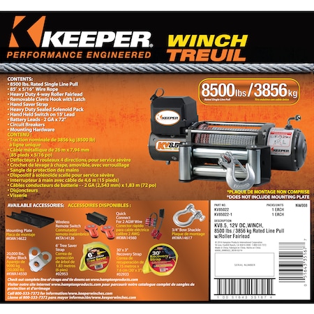 Keeper KeeperValue 8,500LBS HH Remoter, w/Light, WR, HDRF KV85022